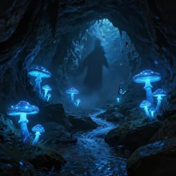 a mystical cave with many magic mushrooms, glowing blue, a stream of water, dark rocks, shadows, atmospheric, butterflies, misty, masterpiece, very detailed, cold blue light, trending on artstation