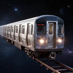 3 d render nyc subway train floating in intergalactic space, r 6 2 a train, hyperrealism, ultra detailed, front locomotive view, unreal engine 5, octane render, 8 k wallpaper