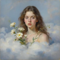 portrait, hyperrealism oil painting, woman in the clouds, woman with flowers