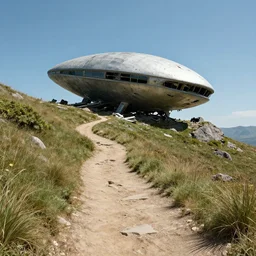 photo of the hiking trail to the crashed alien spaceship, crashed alien spaceship, spacecraft, clear mountaintop scene, crash site in