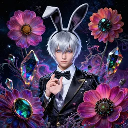 rei ayanami, deep space, seascape, grimes, lain iwakura, silver hair, masterpiece by shikinami asuka langley, card captor sakura, bunny ears, cosmos, psychedelic flowers, black opal, rainbow aura quartz, organic, oni compound artwork, of character, render, artstation, portrait, wizard, beeple, art, fantasy, epcot, psychedelic glitch