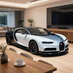 High-quality photography of a Bugatti Chiron in an livingroom on dining table, shot on iPhone