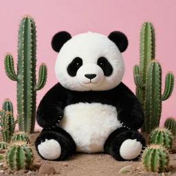 extremely detailed studio portrait of a panda plushie toy surrounded by cactus garden. surreal photograph, lo - fi, polished look, solid background, silly and serious, hermes ad, fashion photography, toiletpaper magazine by pierpaolo ferrari and maurizio cattelan, 3 5 mm photograph, colourful, david lachapelle, canon eos c 3 0 0, 8 k, medium - format - print
