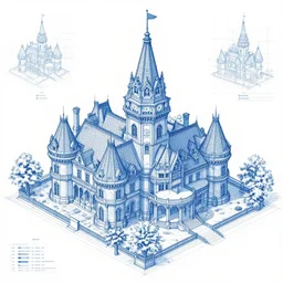 stylized blueprints to the clockwork mansion, 2 d architectural design