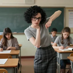 rgb, thin, woman, model, short black curly hair, nerdy, in a classroom, shy, amazing composition & dynamic posing, by franz xavier leyendecker, wlop! muted colors, highly detailed, fantasy art by craig mullins, thomas kinkade cfg _ scale 9