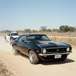 retro picture of a black camaro mach 1, chased by a white police car on a dusty road, sunny day