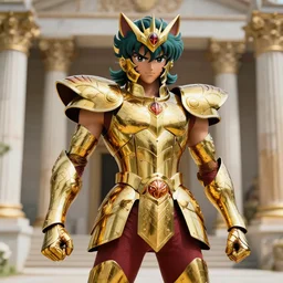 Saint Seiya, The Golden cat Armor knight, greek temple background, detailed, realistic