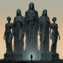 matte painting of omniscient tall statues of gods towering above a lone individual, by zdzislaw beksinski, by dariusz zawadzki, by wayne barlowe, gothic, surrealism, cosmic horror, lovecraftian, cold hue's, warm tone gradient background, concept art, beautiful composition