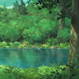 close up forest with lake,  anime panorama painting by kyoto animation
