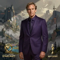 Hans Zimmer in a dark purple suit, elegant, digital painting, concept art, smooth, sharp focus, illustration, from StarCraft by Ruan Jia and Mandy Jurgens and Artgerm and William-Adolphe Bouguerea