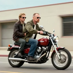 photo of walter white and jesse pinkman riding motorcycles with a building on fire behind them, color, cinematic lighting, highly detailed