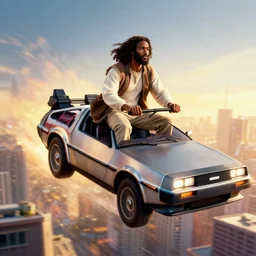 3 d vfx - movie poster - art of an african jesus jesus riding in a flying delorean over the city, back 2 the future, art style by drew struzan & ernie barnes, unreal engine render, digital illustration, sharp, intricate detail, volumetric light, ray tracing, golden hour, pinterest, artstation, behance