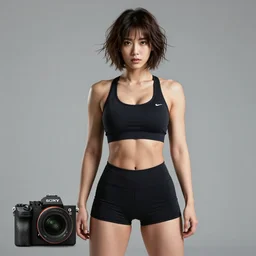 sony a 7 r iii. 1 9 8 0 s studio faculty photo of a beautiful gorgeous pretty stern intense athletic fit!!! muscular hyperfeminine hourglass model tall busty!!! curvaceous japanese american female gym teacher who bears an uncanny resemblance to motoko kusanagi. messy!! short bobcut hairstyle.