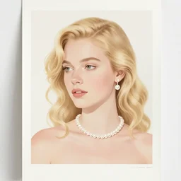 Print. A beatiful portrait of a young woman, pictured from the shoulders up, wearing a pearl necklace and earrings. She has blonde hair that is styled in loose curls, and she is looking to the side with a soft expression.  by Jillian Tamaki, by Mœbius minimalist, forbidding