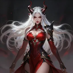 a highly detailed illustration of fierce beautiful long white haired horned demon woman wearing red and black battle dress, dramatic imposing pose, perfect face, perfect body, intricate, elegant, highly detailed, centered, digital painting, artstation, concept art, smooth, sharp focus, league of legends concept art, wlop.