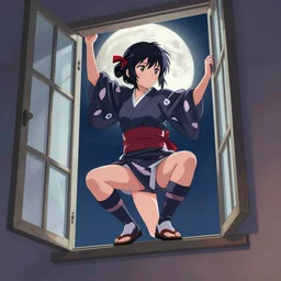 A ninja girl in a short peasant kimono, carefully climbing through open window, strong moonlight, digital anime art, featured on pixiv
