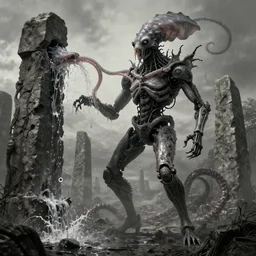 a full shot of a gothic victorian, biomechanical organic giger, surrealism beksinski giant squid, spewing out acid which melts stone monoliths.