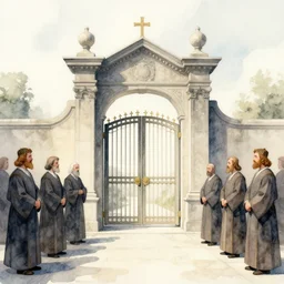 an ominous watercolor artwork, the gates of judgement, centered liminal space surrounded by arbiters