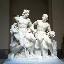 museum photograph showing the laocoon as a reinterpretation made out ice, brightly lit, high contrast shadows