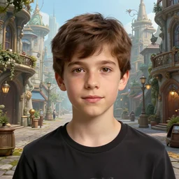 highly realistic boy with brown hair and brown eyes, standing in fantasy city streets highly detailed and intricate, concept art illustration