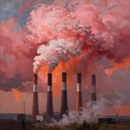 “ an anselm kiefer painting of smokestacks and a world draped in pink and red and orange fluffy clouds ”