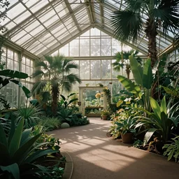 botanical garden greenhouse serene morning light science fiction vintage art