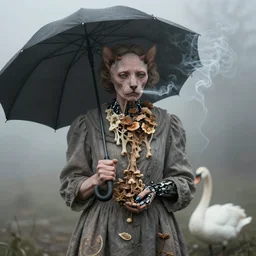 photographic portrait of sad max ernst woman wrinkly hairless cat robotic dried melting floral fungus with spiraling cigarette smoke, wearing a dress, holding an umbrella and a swan, in fog, editorial