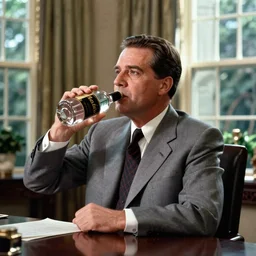 Sad Richard Nixon drinking a bottle of vodka in the oval office, historical photo