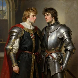 attractive arthur pendragon and his attractive male knight, in camelot. highly detailed painting by gaston bussiere, j. c. leyendecker, greg rutkowski, craig mullins 8 k