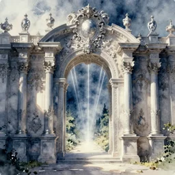 baroque arch portal to another magical world, pinterest, artstation trending, behance, watercolor, by coby whitmore, silver, laser light,