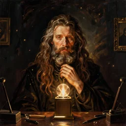 wizard, radio box, desk in a dark room, oil painting by Rembrandt
