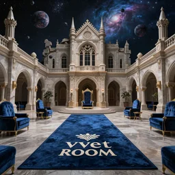 epic professional digital art of the ruins of peach castle lobby, It would take place in space, with nebulas and stars in the background but with like, barely any walls inside, floating around in the space area, it would have a velvet blue aesthetic too, The logo on the carpet would be velvet room logo and there would be a throne in the room as well with a dark gray and blue aesthetic
