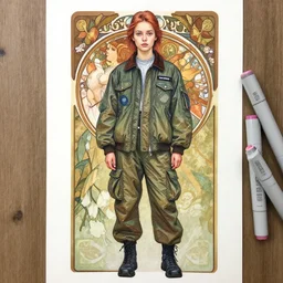 a copic maker realistic full body portrait of a russian girl very detailed features by yoshiyuki sadamoto, alphons mucha norman rockwell by ilya kuvshinov jiro yoshihara wearing a pilot suit cargo streetwear -, chic'techno fashion trend by issey miyake and balenciaga 8 k