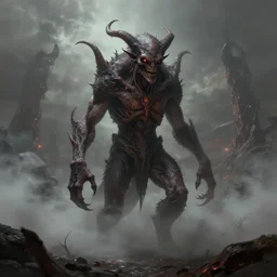 an infernal biped creature portrait in an hell landscape, volumetric fog, concept art