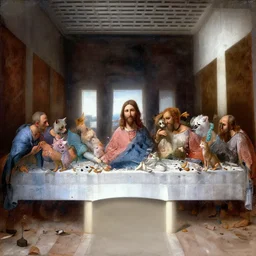 jesus cat in the last supper with all cats instead of people, digital painting, reinacensse art