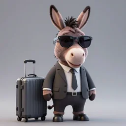 3D render of a donkey character in a suit and wearing cool sunglasses, next to a travel suitcase, gray background, amazing detail, artstation, octane render, 8k resolution, ray tracing