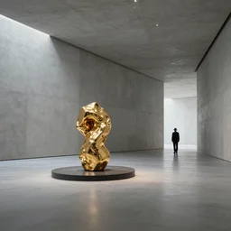 Hyper realistic photo of a interior brutalist museum, ((Gold sculpture in the middle)), alone man with suit and hat in the distance, sun rays at sunset, hard shadows, fog, Hyper realistic film photography by Sebastiao Salgado, Zeiss 18mm f2.8, Hasselblad, insanely detailed, sharp focus