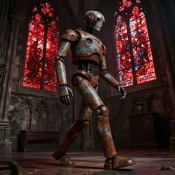 angled shot of a rusted android walking across a dimly lit gothic cathedral with red stained glass windows, cinematic, concept art, detailed, dark