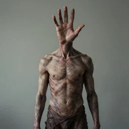 a strange creature with the body of a human and the head replaced with a hand
