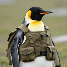 photo of mister penguin wearing military gear, very detailed
