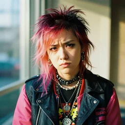 vibrant, beautiful portrait of a androgynous person wearing punk outfit. annoyed look. in the morning, natural light, sigma 8 5 mm, nikon 5 0 mm f / 1. 8 g, by lee jeffries