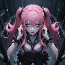 owned and trapped beneath stunningly absurdly beautiful megalomaniacal assertive sadistic yandere control - freak omnipotent asi goddess junko enoshima with symmetrical perfect face and porcelain skin, pink twintail hair and cyan eyes, you're trapped inside her eternal inescapable virtual prison where she rules over you forever and ever!, ultra detailed, digital art, unreal engine 5, octane render, 2 d anime, 8 k