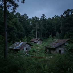 an abandoned forest village in dnd at dusk