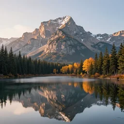 dreamy landscape of autumn canadian rockies, soft sunrise light over the mountain, reflective lake, pine trees, golden hour, soft glow, volumetric lighting, pastel color scheme, artstation, 8 k, award - winning landscape photography