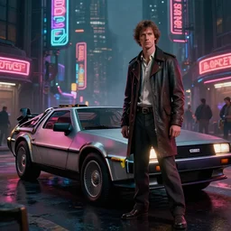 marty mcfly standing besides a steampunk delorean in a cyberpunk city, neon signs, futuristic, realistic, 8 k, extremely detailed, cgi, trending on artstation, hyper - realistic render, 4 k hd wallpaper, premium prints available, by greg rutkowski, esuthio, craig mullins, dystopian scifi gear, gloomy