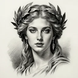 realism tattoo sketch of a beautiful greek goddess aphrodite wearing a laurel wreath and arrowhead earrings, beautiful confident eyes, beautiful flowing hair, hyper realistic face, in the style of artgerm, fantasy, amazing detail, epic, elegant, smooth, sharp focus, from the front, long shot