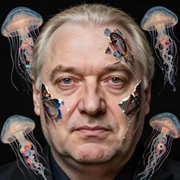 3 d close - up portrait of a alexander lukashenko with blattodea face traditional japanese art liminal broken in to pieces fractured, swirly phoenix jellyfish, highly detailed, iridescent accents. by wlop, tooth wu, greg rutkowski, alena aenami, beeple