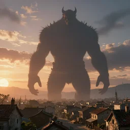 a huge shadow creature towering over the town dramatic sunset lighting, artstation, 8k unreal engine