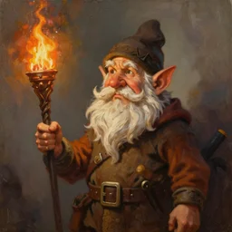 a beautiful portrait painting of a fantasy gnome holding a burning torch, portrait fantasy art, art by keith parkinson and greg rutkowski and tim hildebrandt