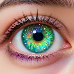 hyper realistic photo of beautiful green eye reflecting a sky full of a billion rainbow stars, hyper realistic, fractal art, art station, coherent design, symmetrical, vivid colour, complementary colour, golden ratio, detailed, sharp lines, intricate, rainbow shift, in unreal 3 d engine, ray tracing, octane render
